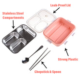 Kuber Industries Lunch Box | Stainless Steel 3 Compartments Lunch Box | Students Lunch Box | Office Lunch Box | Chopstick & Spoon | Leak-Proof Lunch Box | SUS304 | Pink